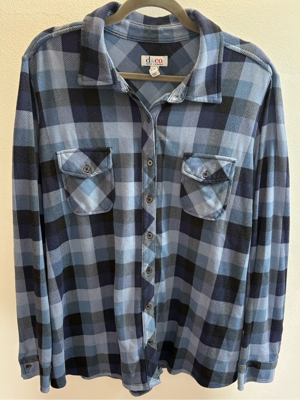 Denim & Co Blue Plaid Fleece Button Down Shirt 1X